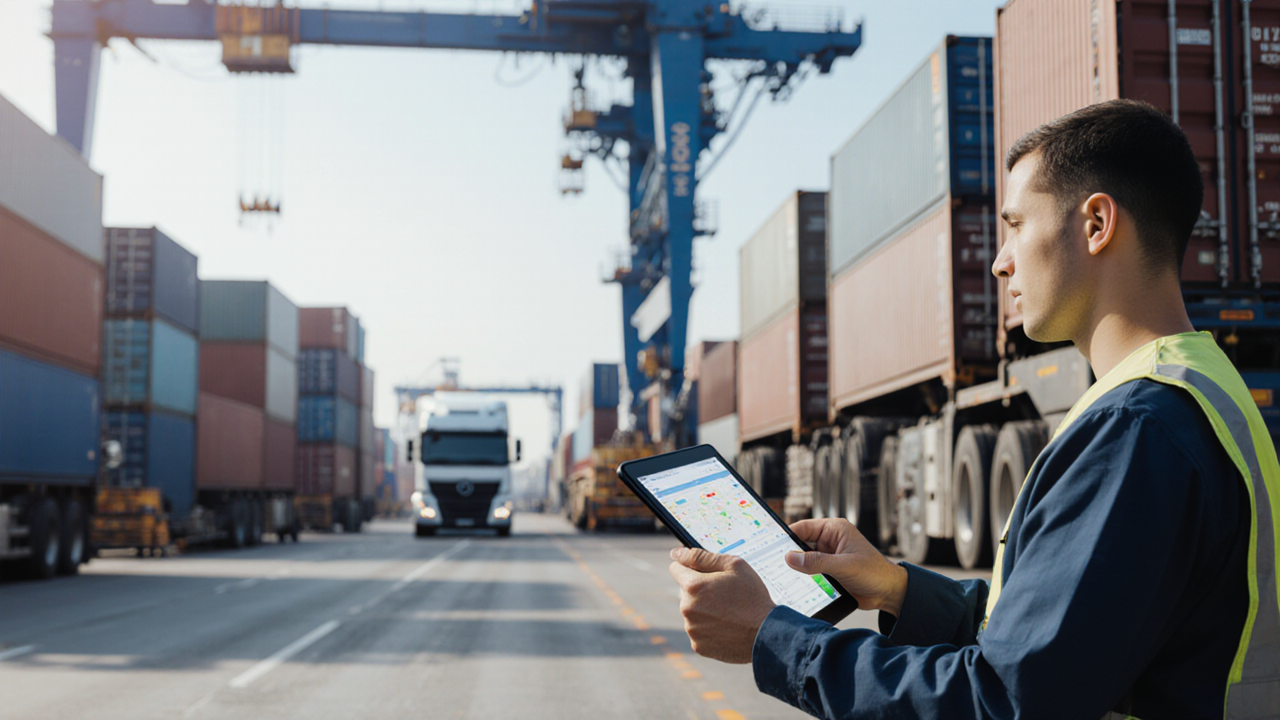 A construction worker wearing a yellow vest examines a tablet while standing beside a large truck on a busy road