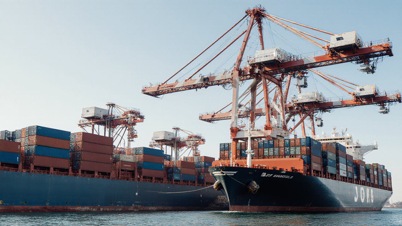 A large black container ship navigates the water with towering cranes in the background