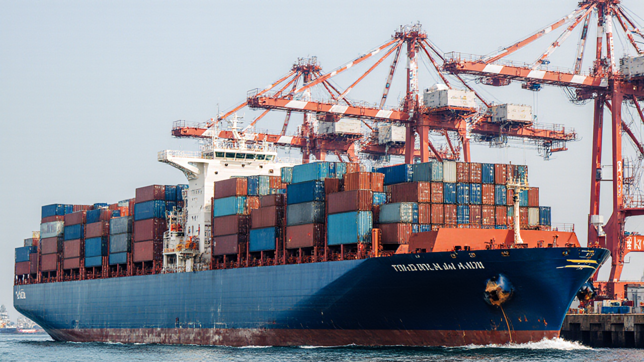 A large blue cargo ship sits in the ocean near a crane terminal with red cranes visible in the background