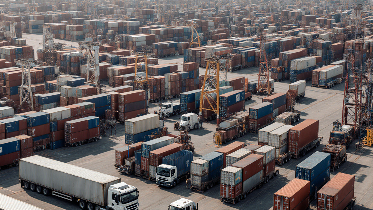 A large container yard displays numerous red and white shipping containers with a white truck moving along the gray asphalt