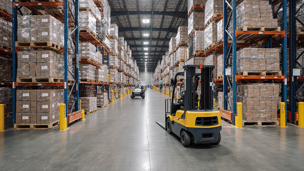 A yellow forklift navigates a densely packed warehouse filled with numerous cardboard boxes stacked high along a concrete