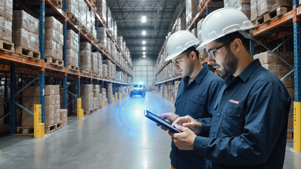 Two warehouse workers examine a tablet while standing in a long industrial storage aisle filled with boxes
