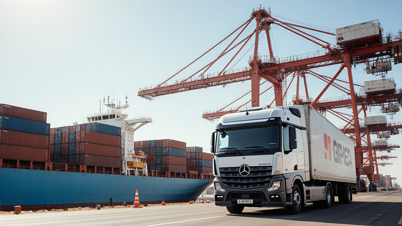 A large MercedesBenz truck travels along a busy port road near a towering container ship and cranes