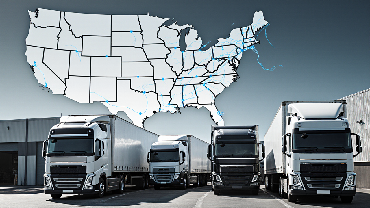Three identical white trucks stand parked in a row before a gray warehouse The trucks share a similar design and appear