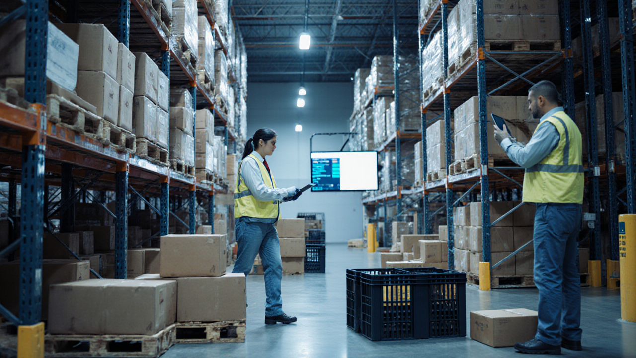 A worker in a highvisibility vest uses a tablet to scan boxes in a large warehouse filled with stacked storage shelves