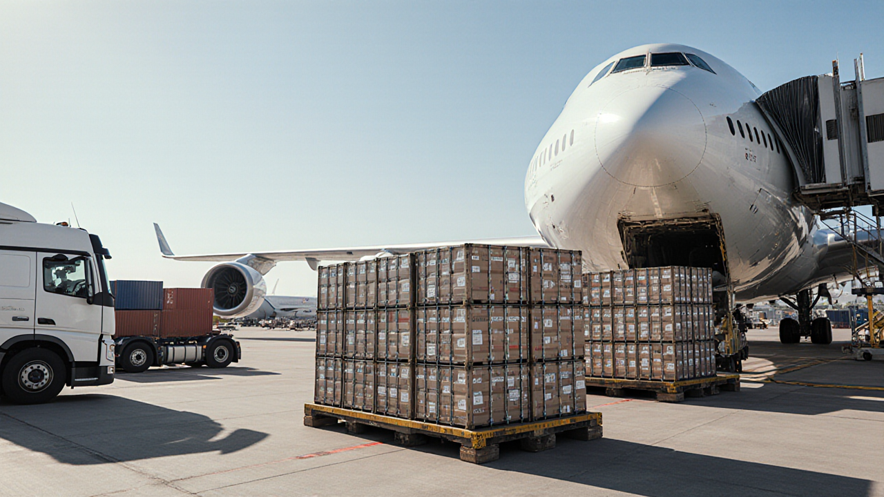 A large cargo plane sits on the tarmac with several stacked brown cardboard boxes beside it awaiting loading or unloading