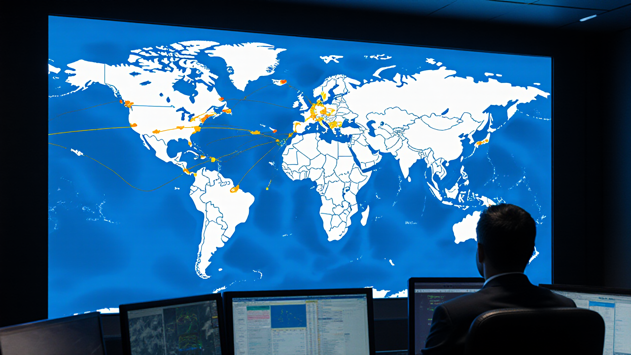 A man sits at a computer in a control room monitoring a large screen displaying a map and data displays