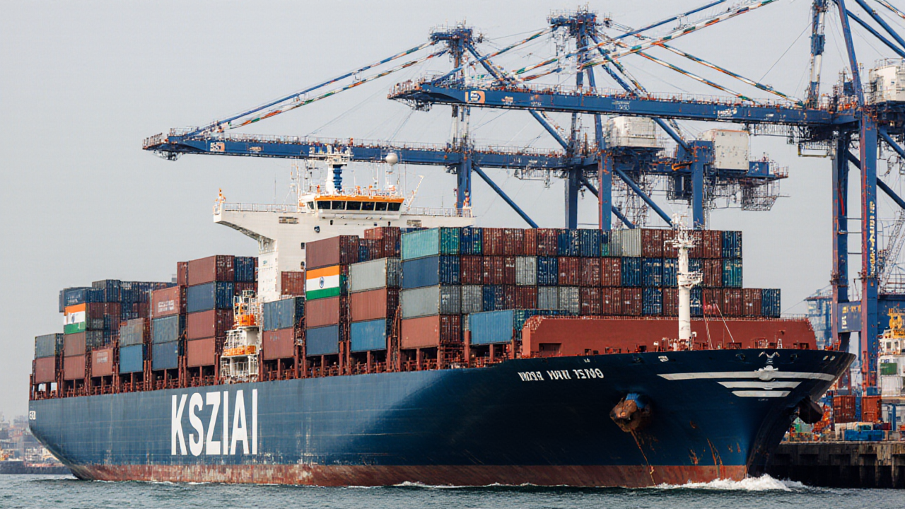 A large container ship navigates through a busy harbor with towering cranes in the background highlighting its size and