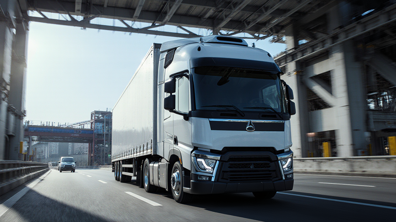 A large MercedesBenz semitruck drives along a gray highway a prominent truck cab and trailer are visible