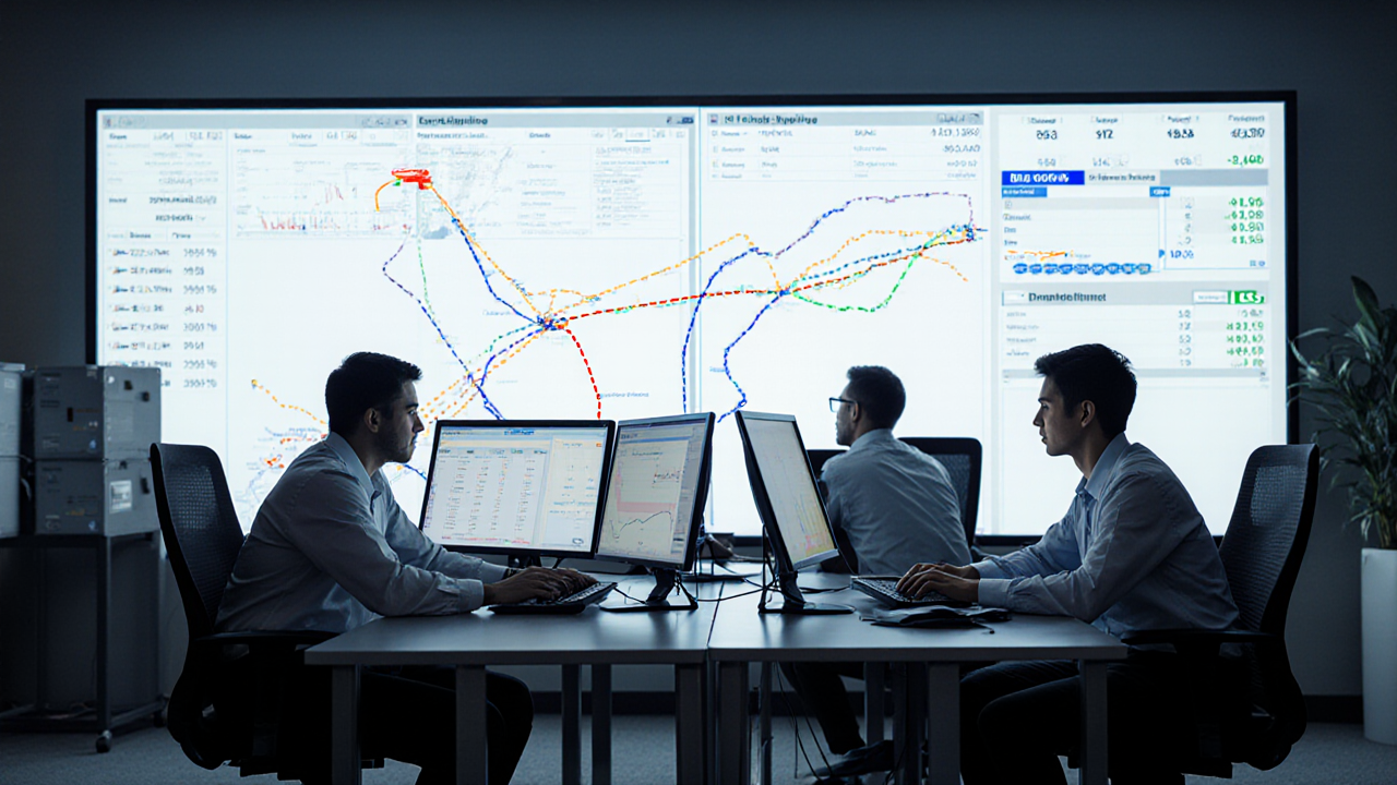 Three men are intently focused on computer screens in a modern office setting They appear to be collaborating or reviewing