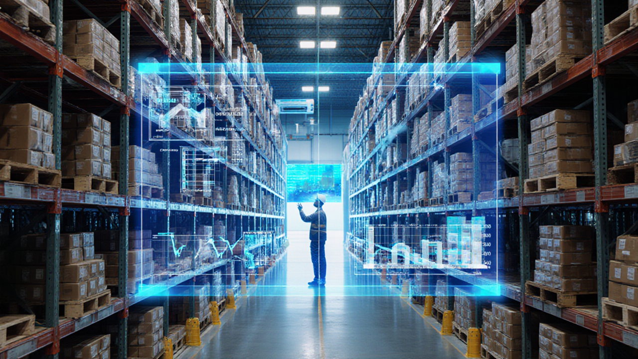 A warehouse worker stands amidst towering shelves filled with stacked boxes in a brightly lit storage facility