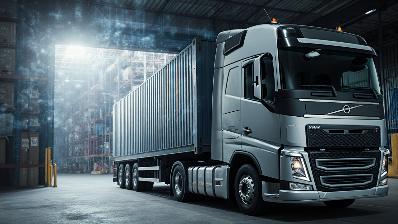 A modern Volvo truck dominates the image with a sleek grey cab and extended trailer in a vast warehouse setting