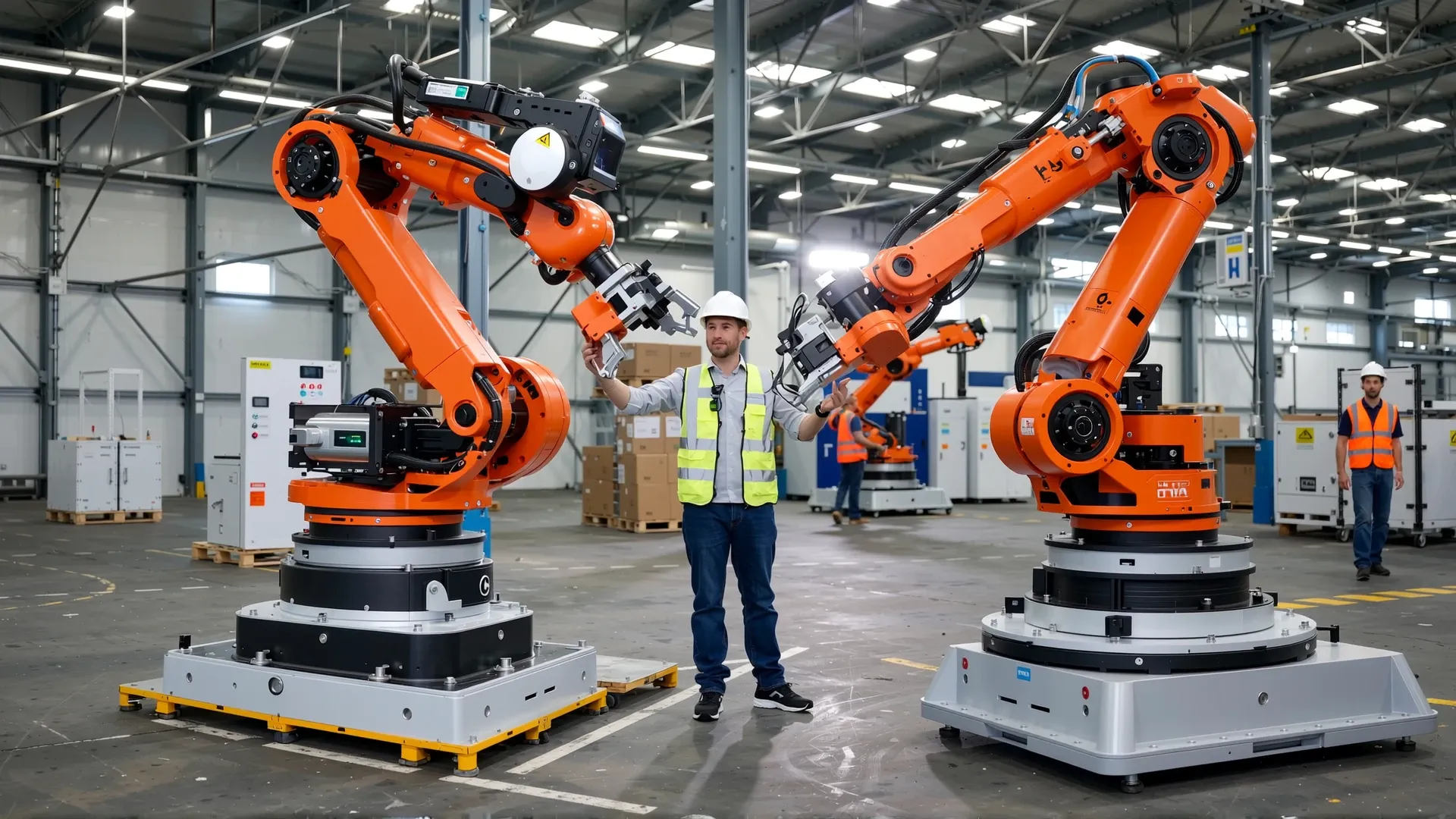 Construction worker, warehouse, robotic arm, industrial automation, manufacturing, technology, automation, machinery, modern