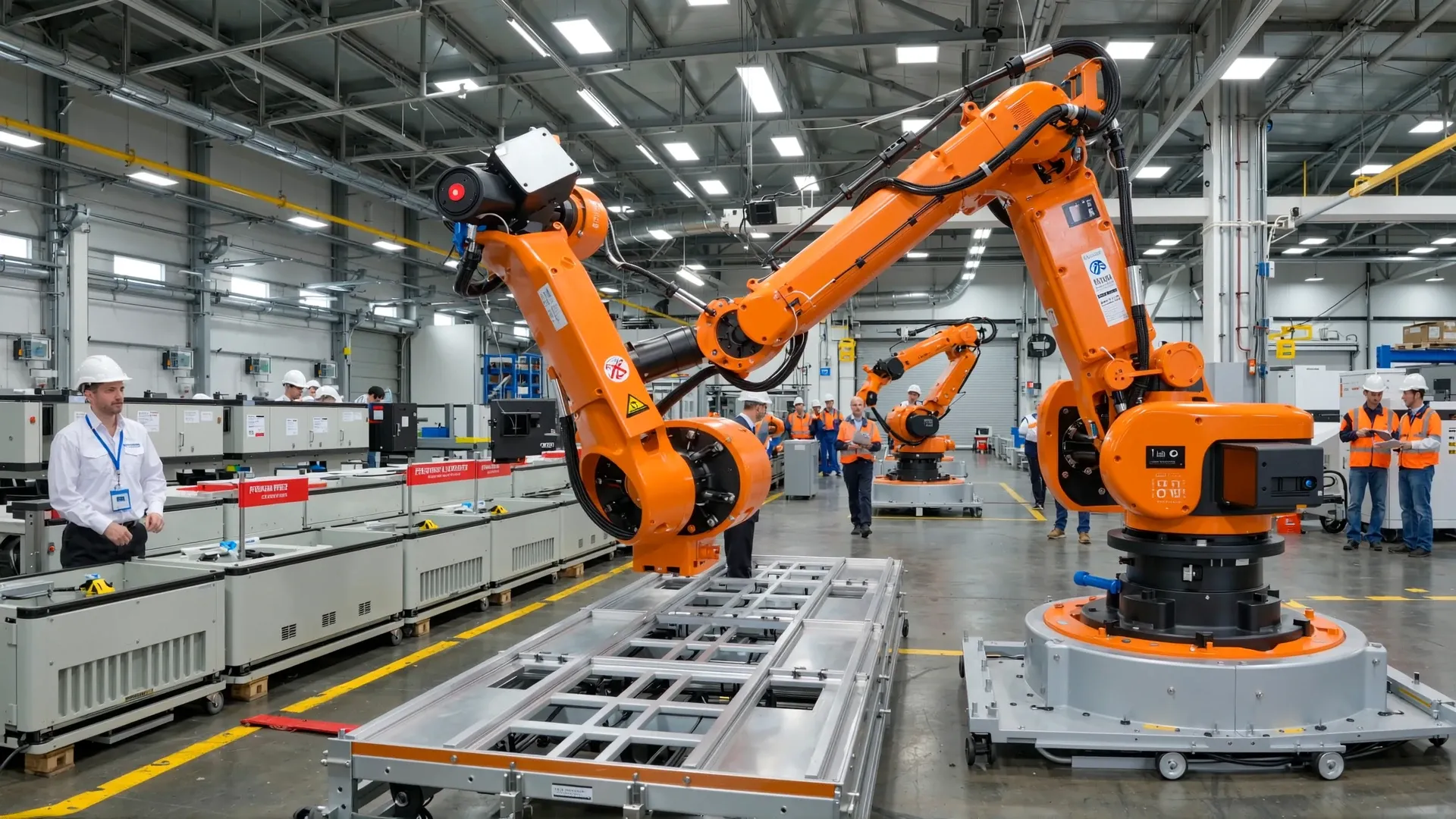 Robotic arm, warehouse, automation, logistics, pallet transport, industrial robot, machinery, supply chain, manufacturing,