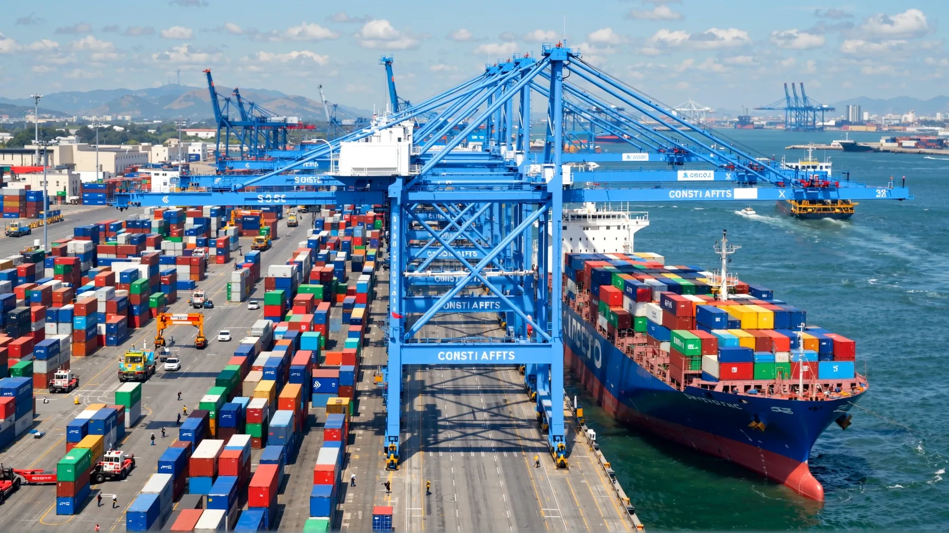 Container crane, port terminal, logistics, cargo handling, maritime transport, shipping, heavy machinery, industrial