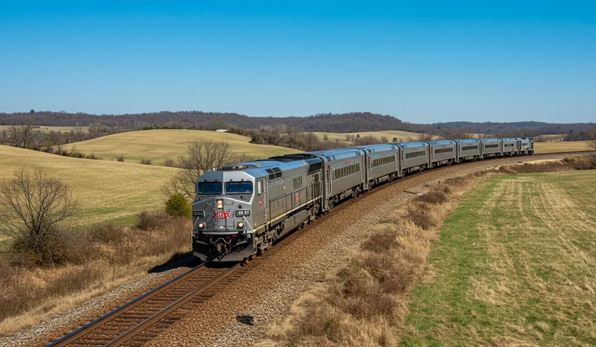 A long freight train travels on a sunlit track through rolling green hills A silver locomotive leads a series of cars moving