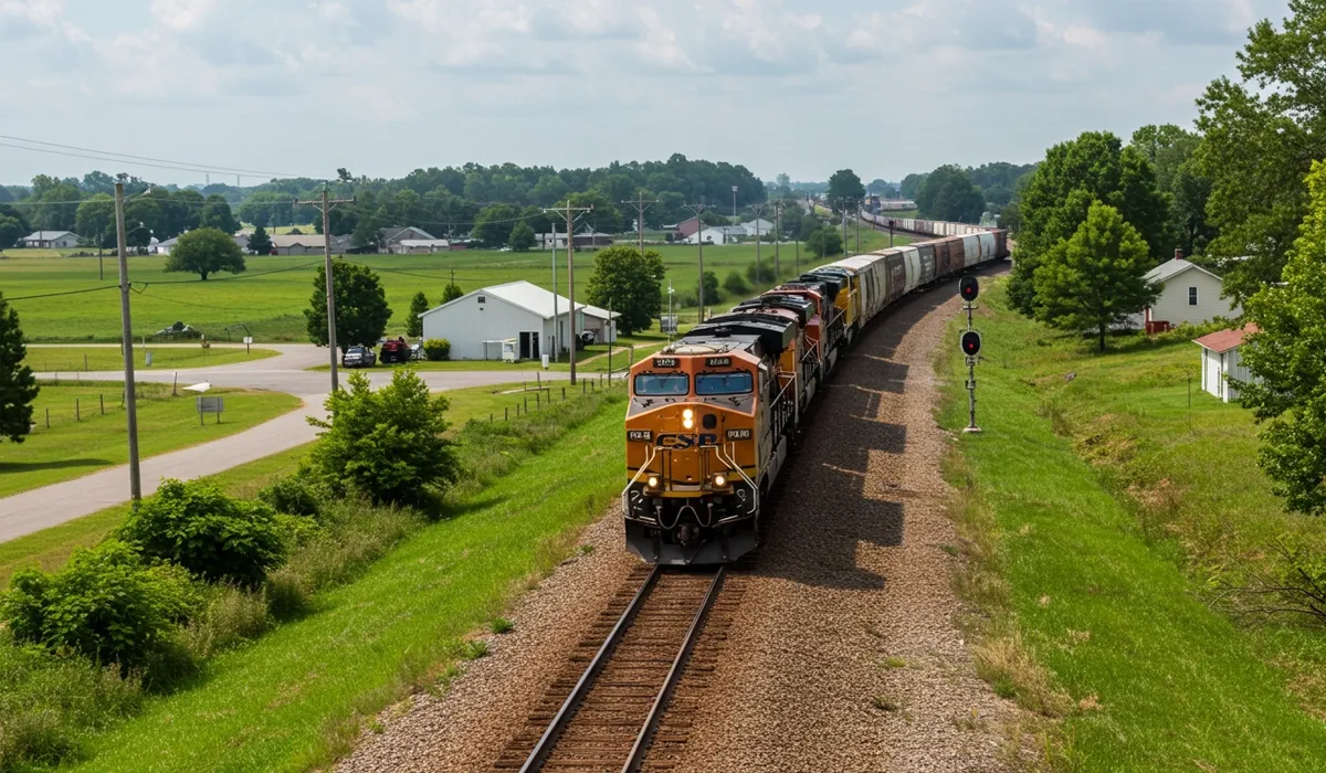 A freight train travels along a rural track through a green landscape with a distant house