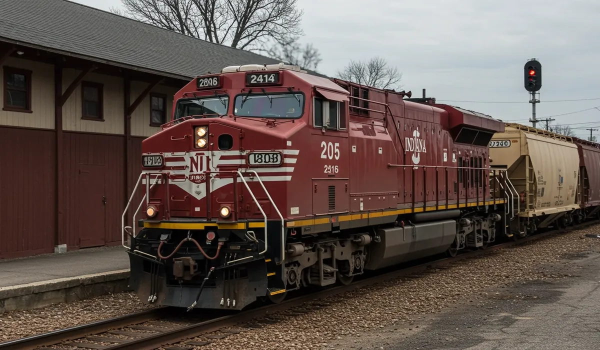 A red freight train sits on a track in Jeffersonville Indiana The train appears to be moving forward with several cars