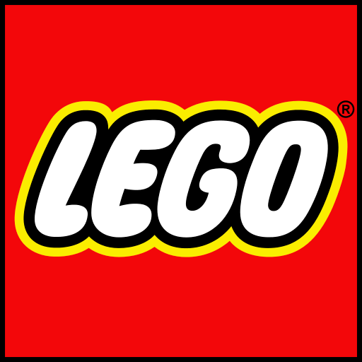 A vibrant red background features the LEGO logo a stylized brick with rounded edges prominently displayed in white