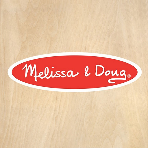 The Melissa and Doug LLC logo features the brands iconic frog design in bright red against a natural wood background