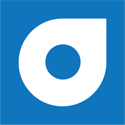 A white logo featuring a stylized simplified circle with a small square within it is displayed against a solid blue