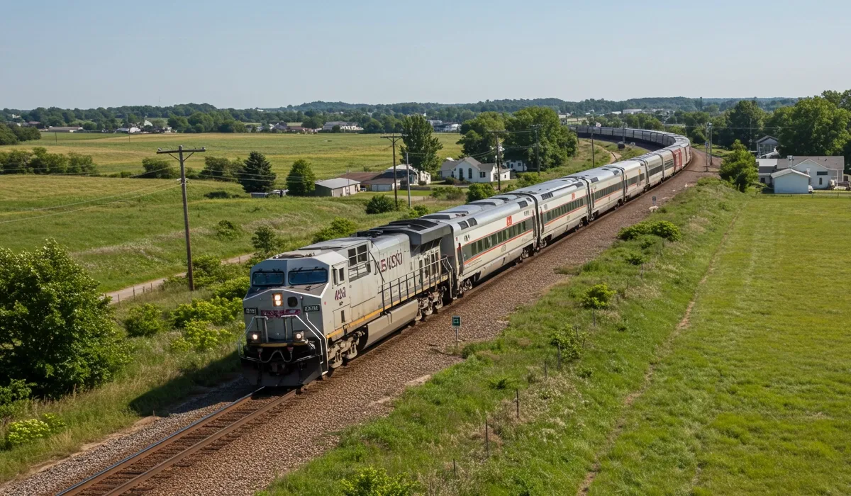 A long freight train travels along a railroad track in a rural setting The train stretches into the distance with multiple