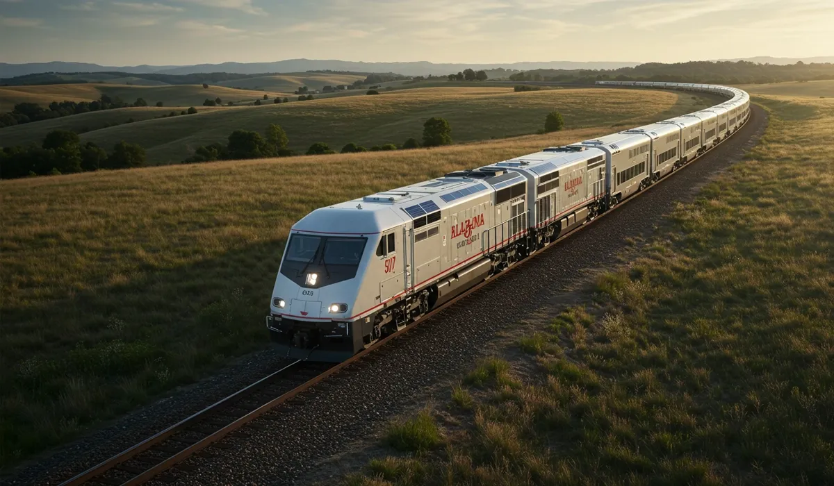 A long gray freight train travels on a sunny track through rural Alabama fields and the train appears to be operated by the