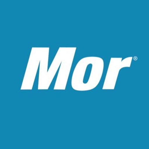 The Mor Furniture for Less logo features a stylized blue chair with a red banner displaying for less