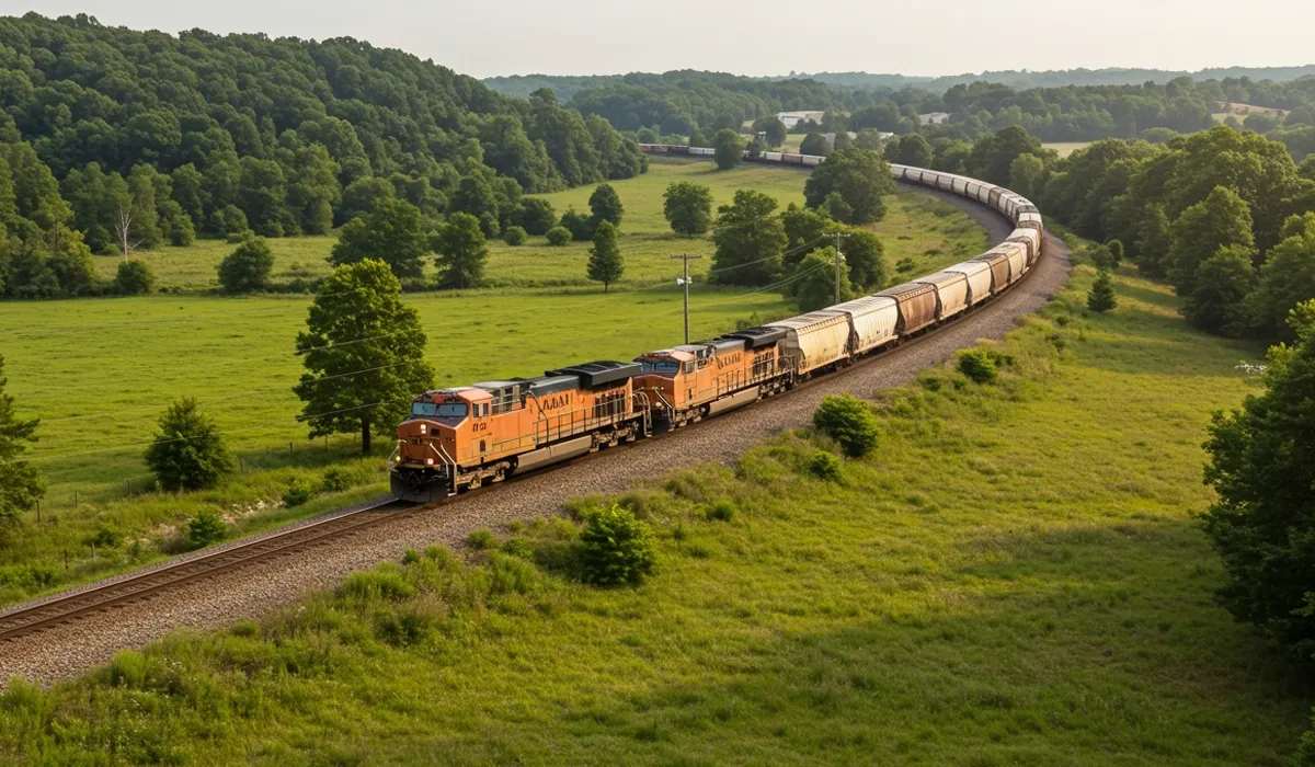 A long freight train stretches across a rural landscape in Alabama a powerful locomotive leads a line of brightly colored