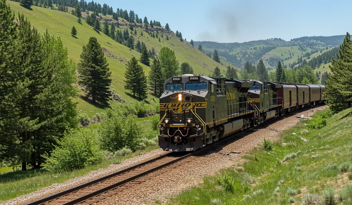 A freight train travels along a track through a green mountainous landscape in Idaho offering a scenic view