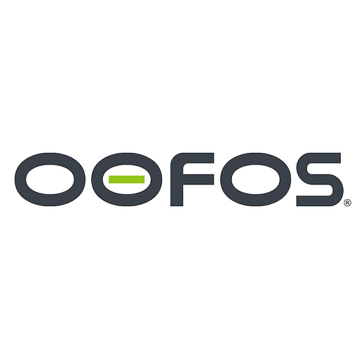 Oofos logo featuring a teal and gray design with the brand name prominently displayed