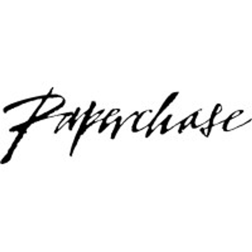 A stylized paperchase logo featuring a stack of books and a handwritten font with a blue and white color scheme