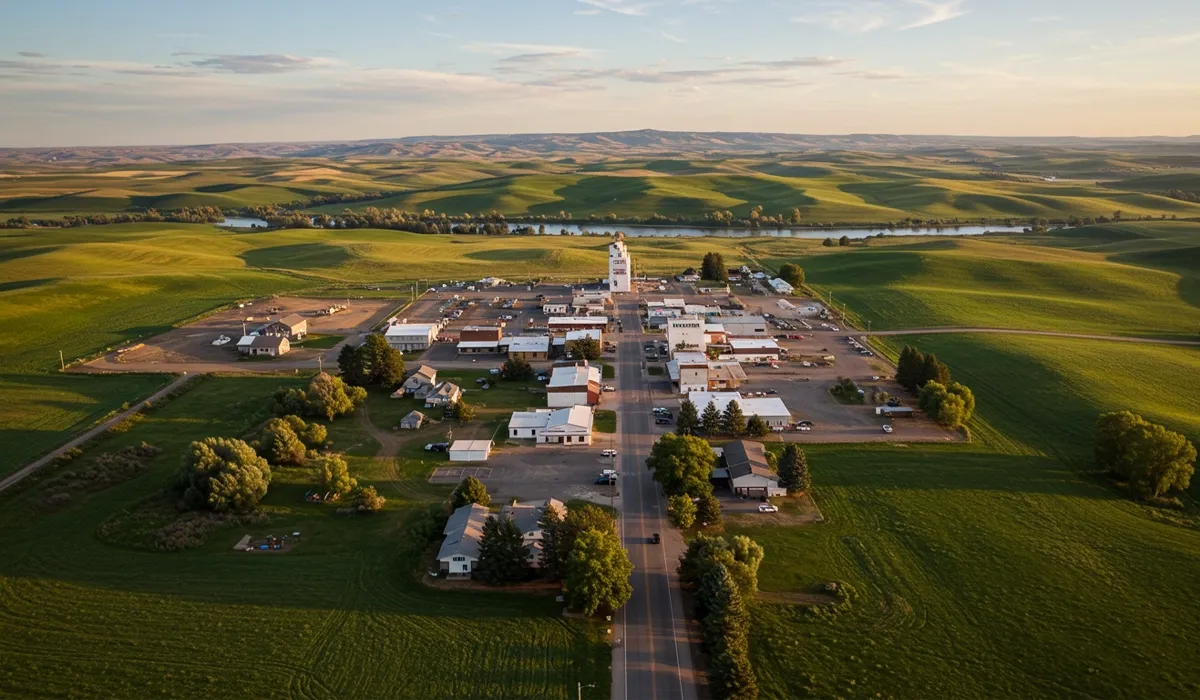 A rural American town sits nestled in a valley with expansive green fields and a meandering river Buildings and a road