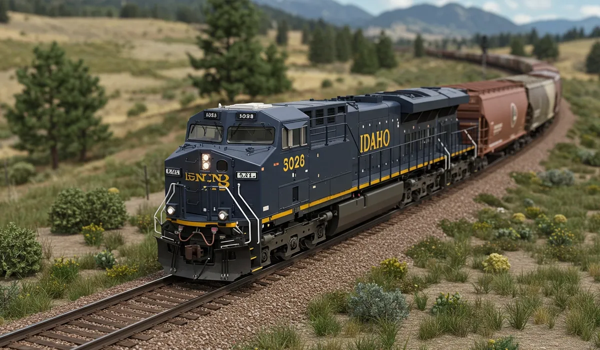 A large yellow and black locomotive sits on a track surrounded by a green landscape The train appears to be a freight train