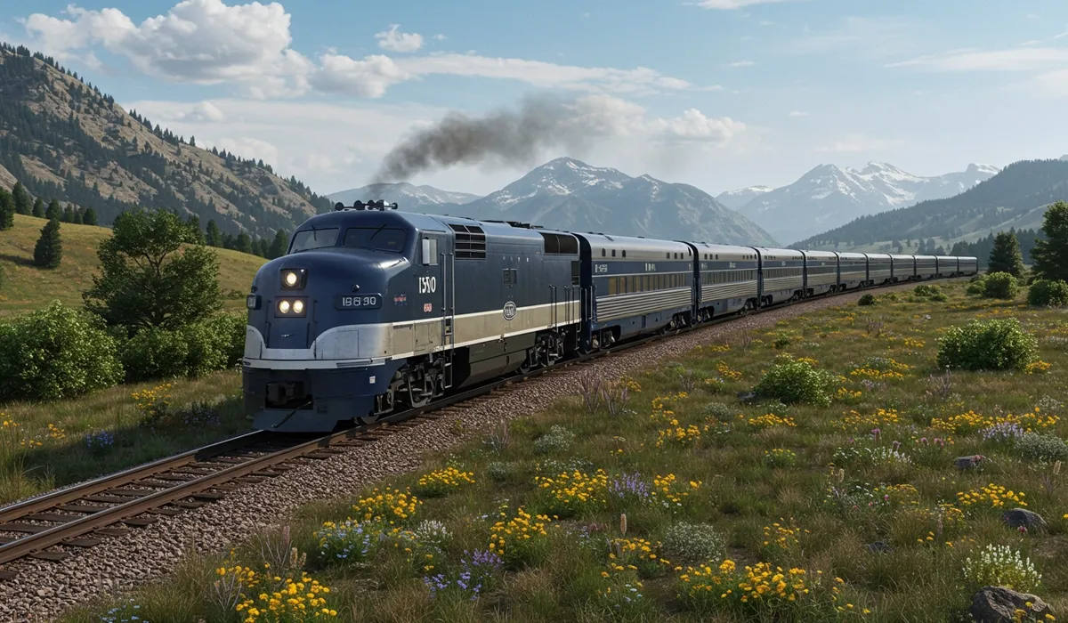 A blue freight train speeds along a track through scenic Idaho hills with snowcapped mountains in the distance