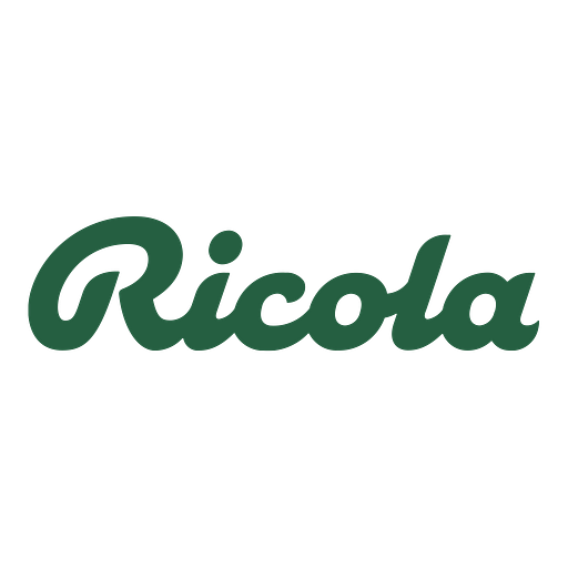 Ricola Inc logo featuring a stylized mountain peak and a vibrant blue and green color scheme representing health and nature