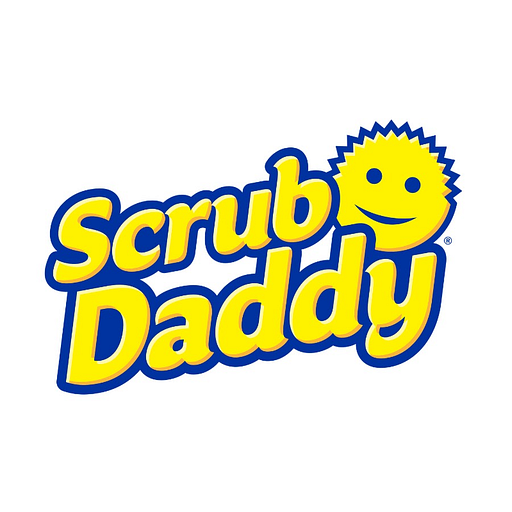 Scrub Daddy logo features a bright yellow cube with a smiling face and the brand name Scrub Daddy in blue