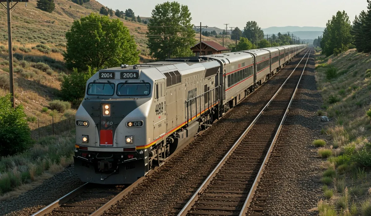 A freight train travels along a long straight track through a rural landscape with visible tracks and a bright orangered