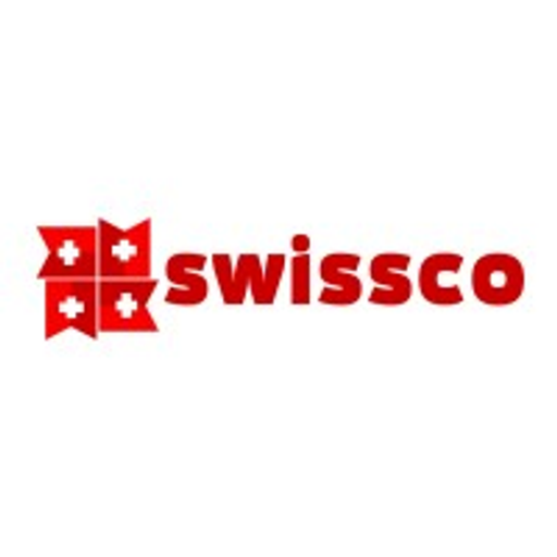 Swissco LLC logo featuring a stylized red shield with a white cogwheel emblem representing industry and precision
