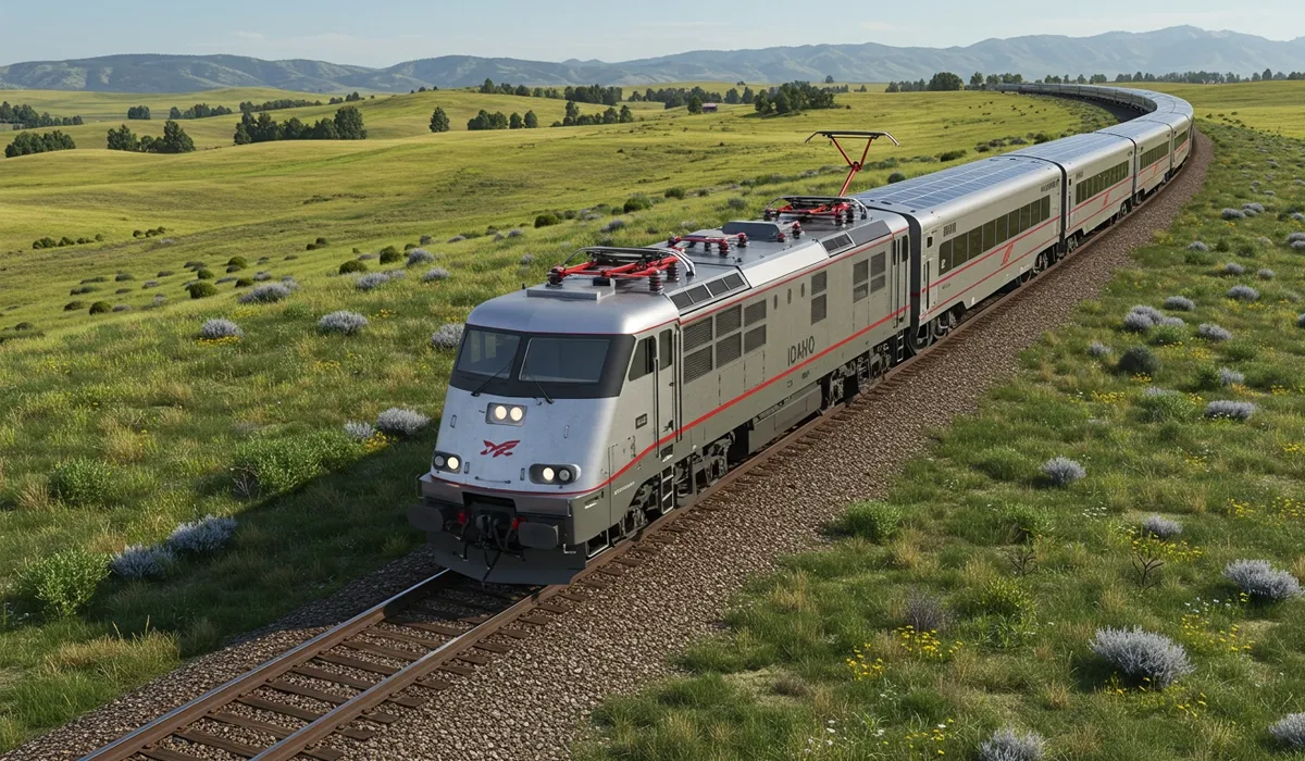 A gray freight train travels along a rural track in Twin Falls Idaho under a bright sky