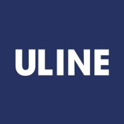 The Uline logo is depicted in white against a dark blue background The logo features the companys name and a stylized design